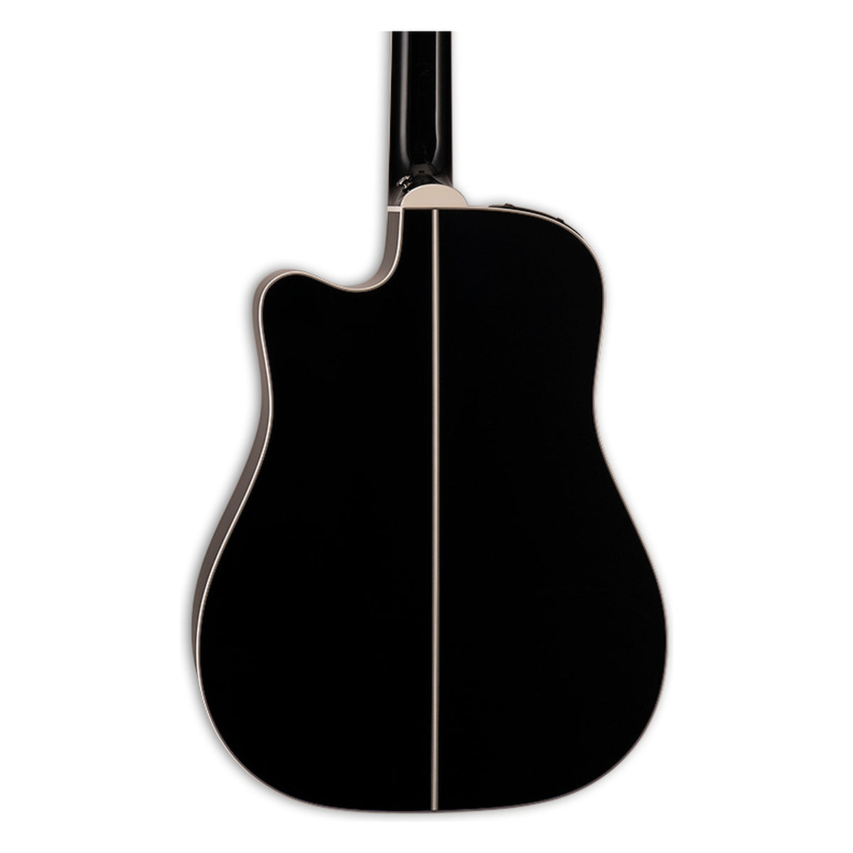 Back of the Takamine EF381DX body showing the maple back and the heel of the mahogany neck.