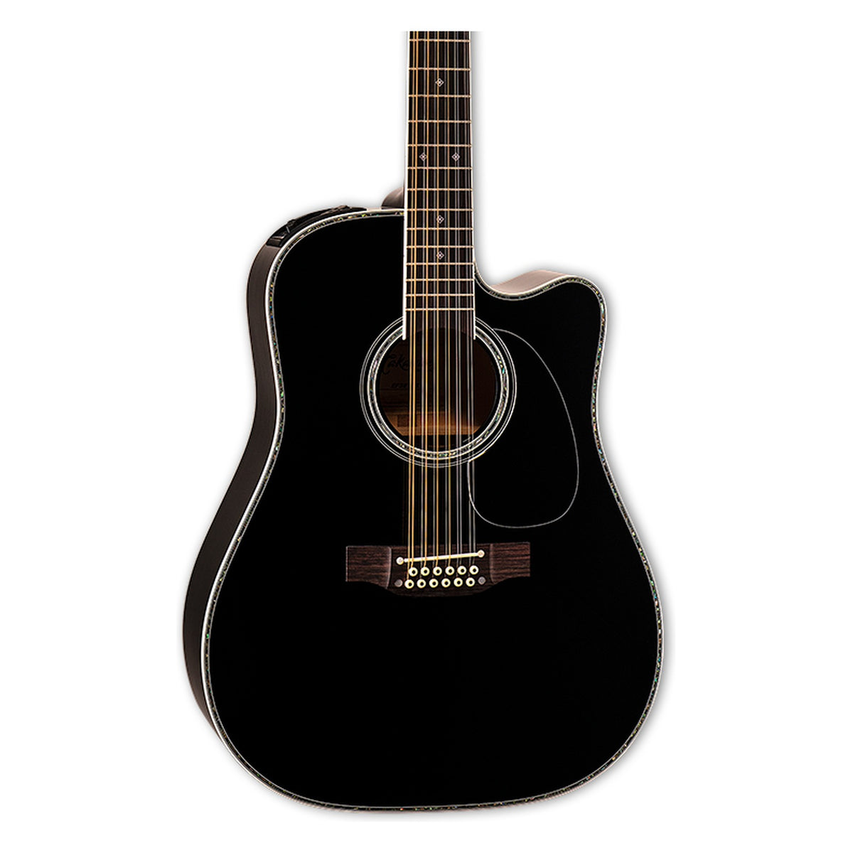 Front of the Takamine EF381DX body in a gloss black finish: solid spruce top, cutaway, soundhole rosette and the lower fretboard.