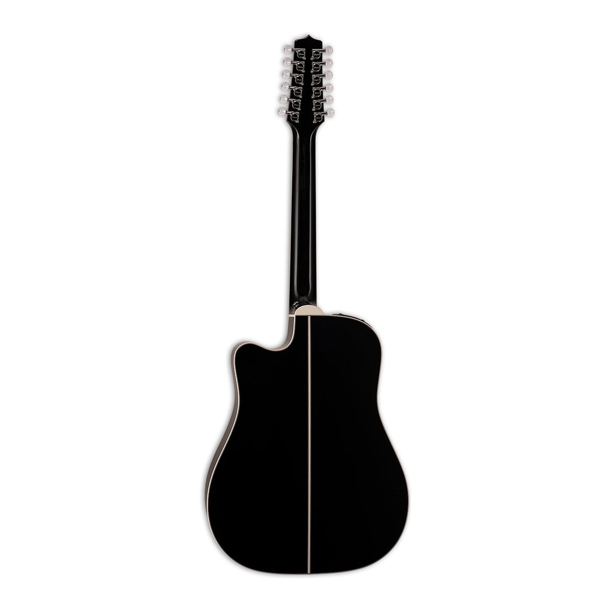 Full back view of the Takamine EF381DX showing the mahogany neck and the maple back.