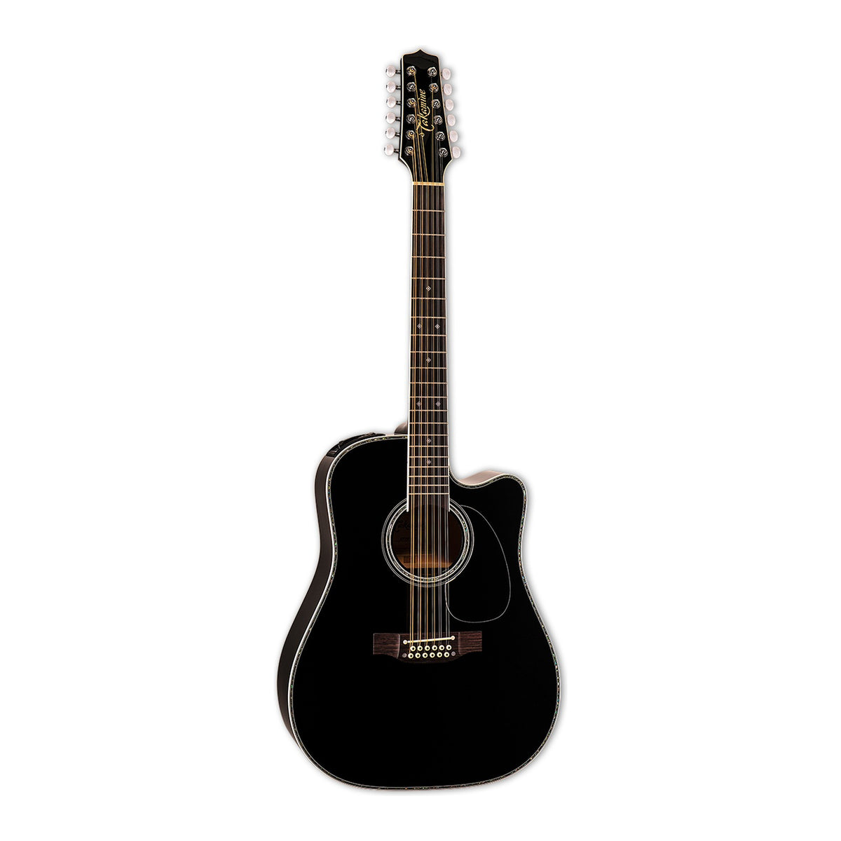 Full front view of the Takamine EF381DX dreadnought cutaway guitar standing upright with the headstock at the top.