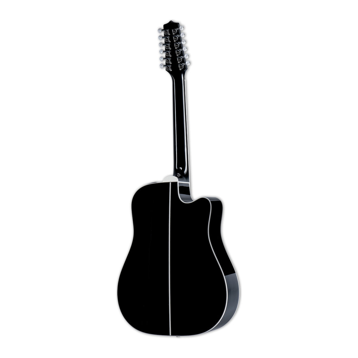 Full back view of the Takamine EF381DX LH showing the mahogany neck and the maple back.