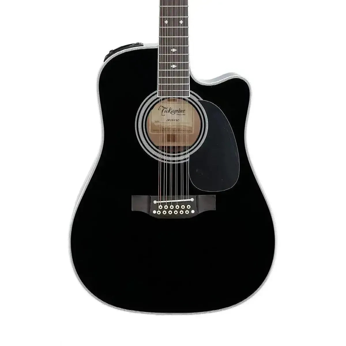 Takamine EF381SC 12-string dreadnought acoustic-electric guitar with a glossy black finish and snowflake inlays.