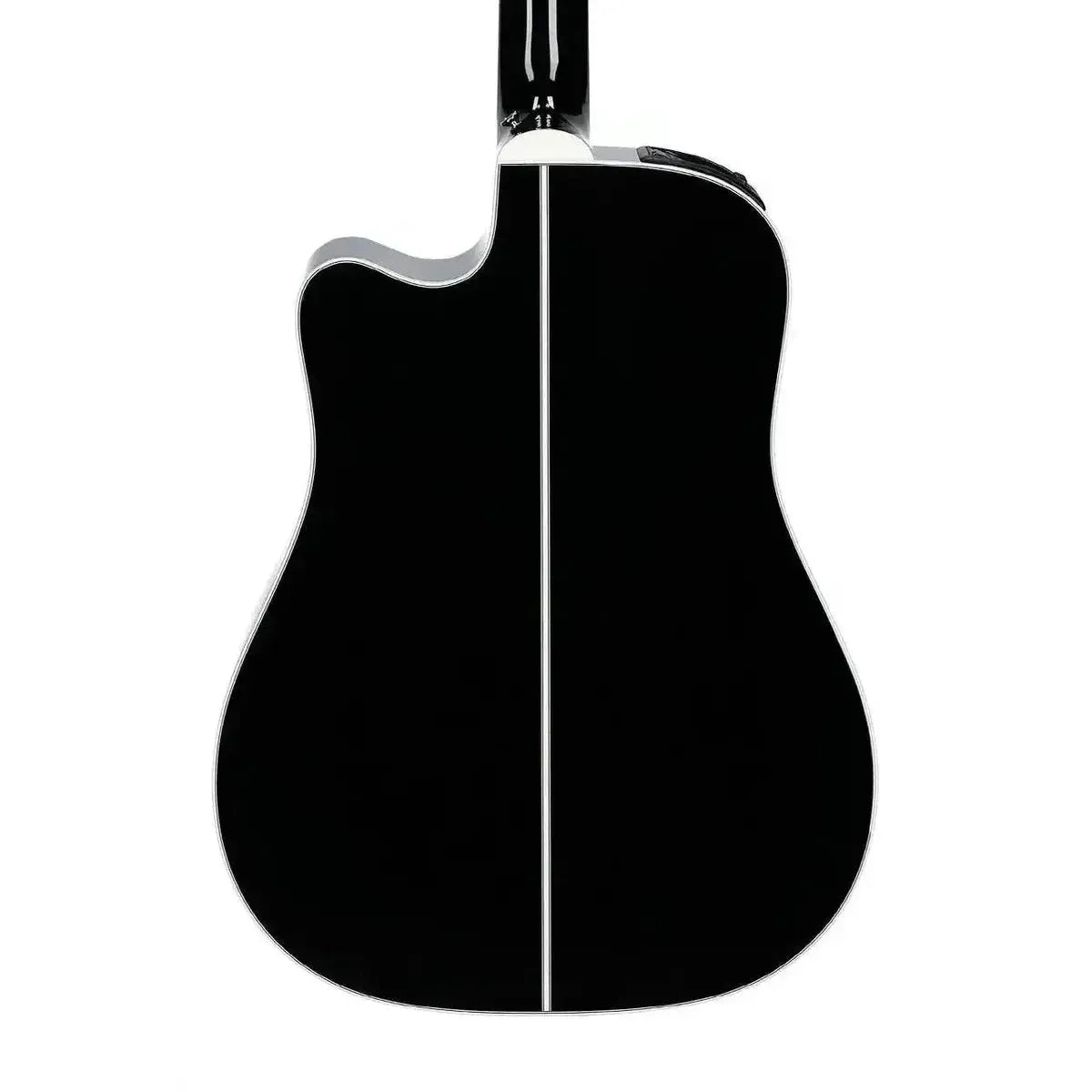 Back of a glossy black Takamine EF381SC 12-string dreadnought acoustic-electric guitar with white binding.