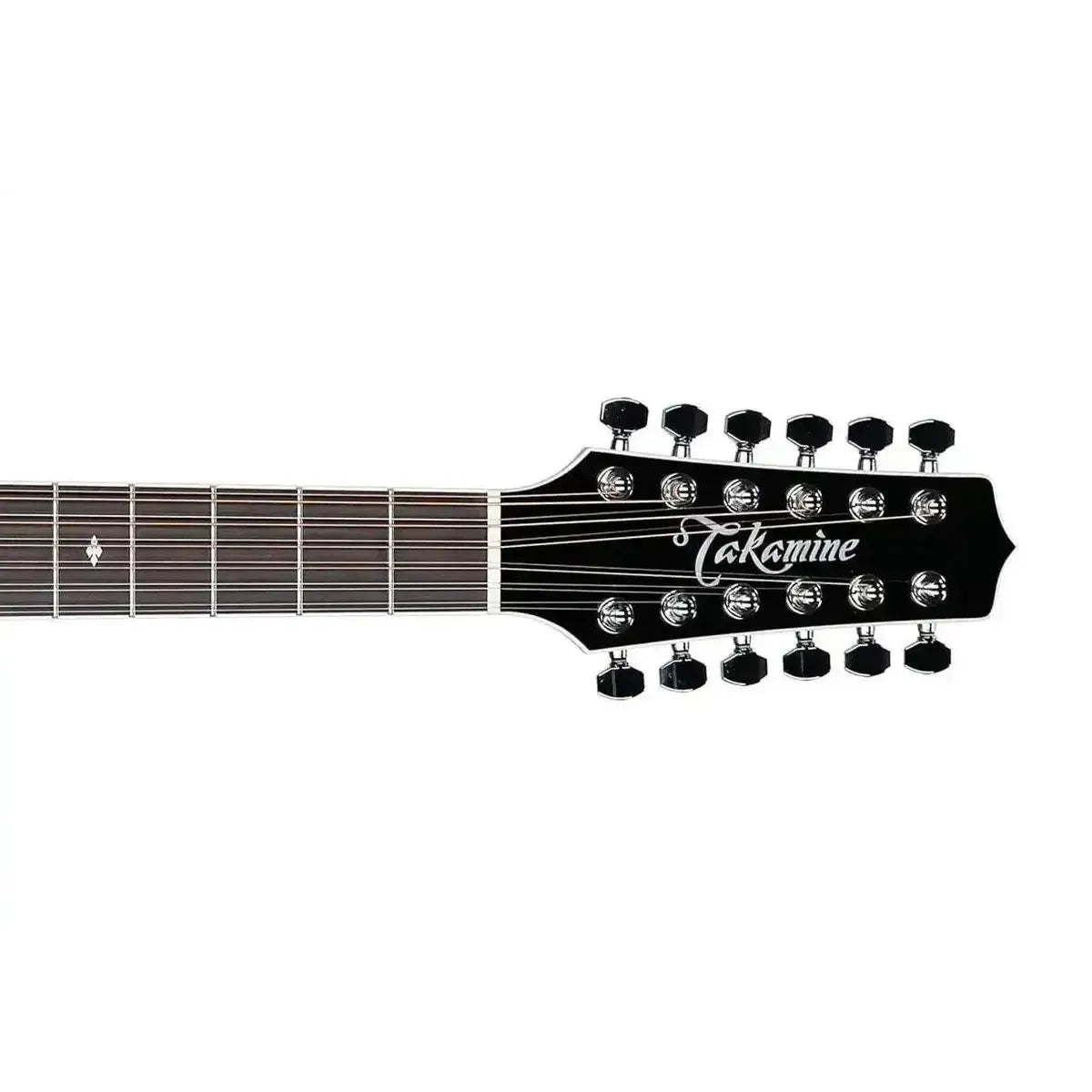 Takamine 12-string acoustic-electric guitar headstock and fretboard with snowflake inlay, glossy black finish, and chrome tuners.