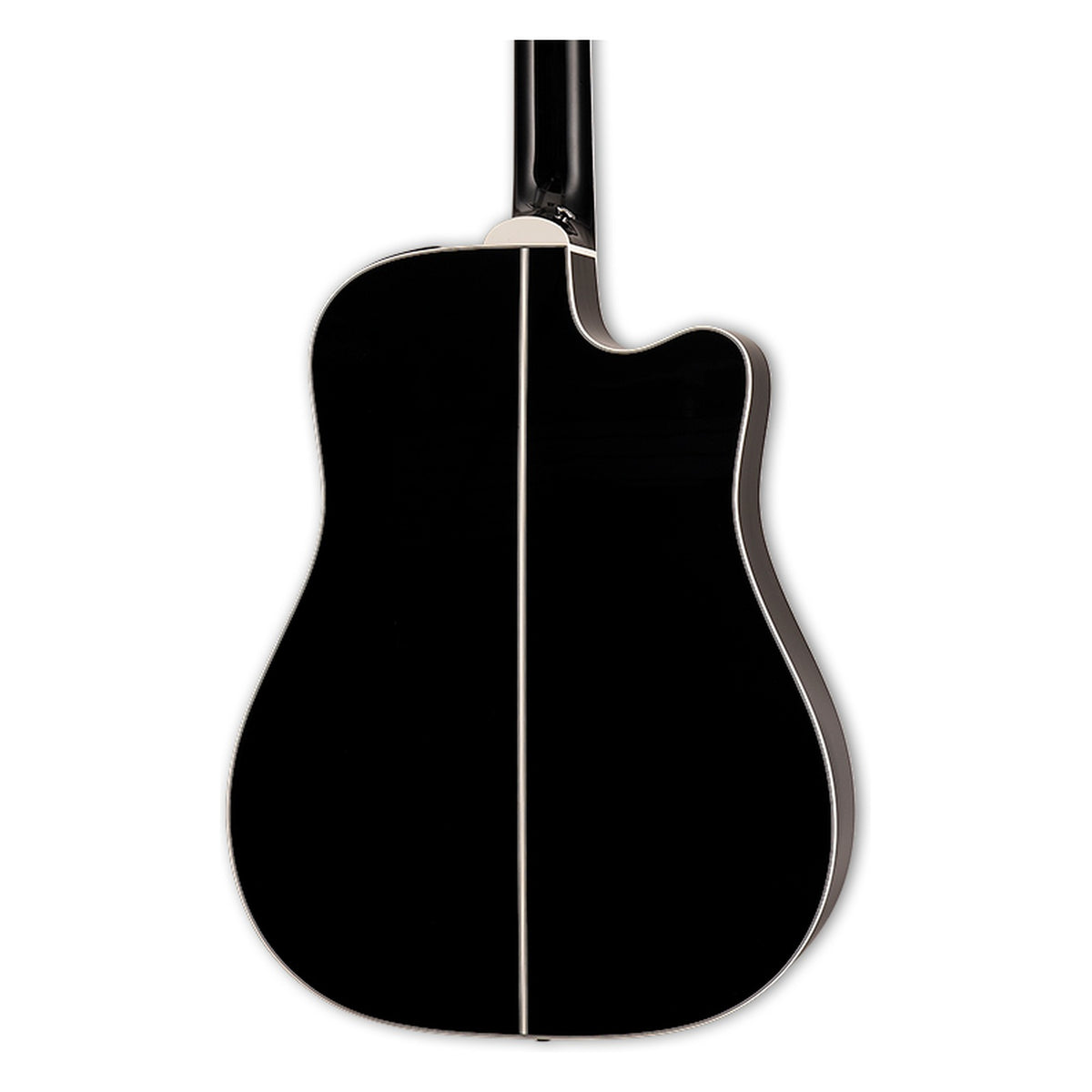 Back of the Takamine EF381SC LH body showing the maple back and the heel of the mahogany neck.