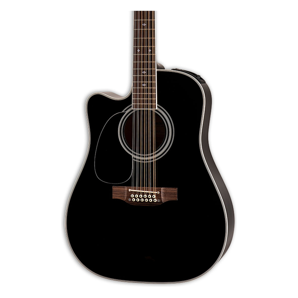 Front of the left-handed Takamine EF381SC LH body in a gloss black finish: solid spruce top, cutaway, soundhole rosette and the lower fretboard.