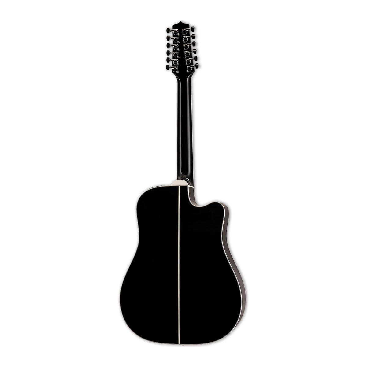 Full back view of the Takamine EF381SC LH showing the mahogany neck and the maple back.