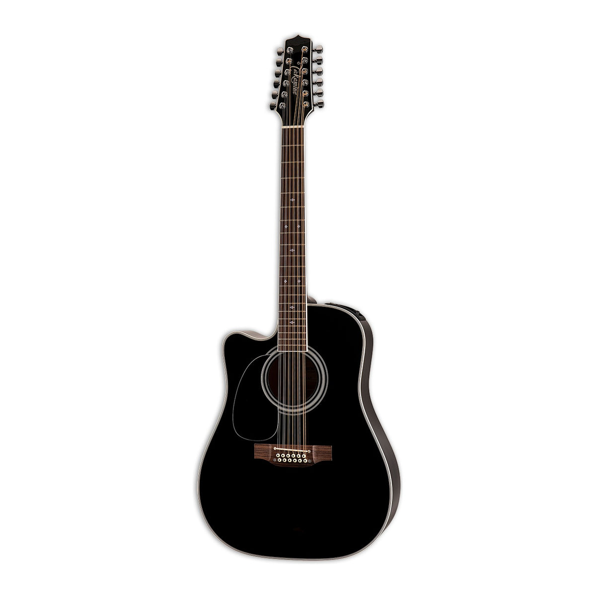 Full front view of the left-handed Takamine EF381SC LH dreadnought cutaway guitar standing upright with the headstock at the top.