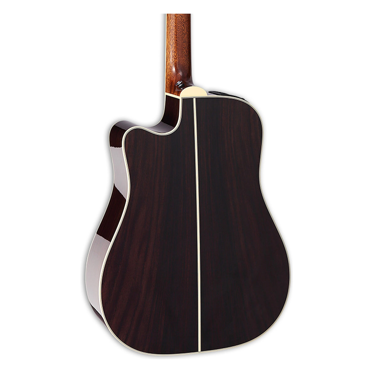 Back of the Takamine EF400SC TT body showing the solid Indian rosewood back and the heel of the mahogany neck.