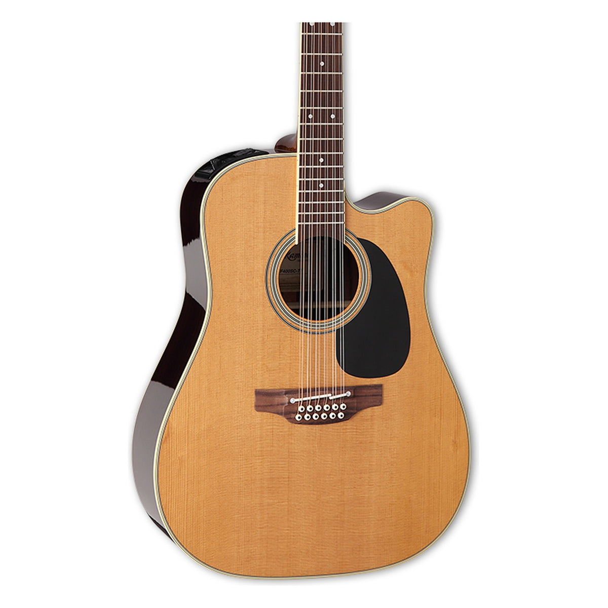 Front of the Takamine EF400SC TT body in a natural gloss finish: solid thermal spruce top, cutaway, soundhole rosette and the lower fretboard.