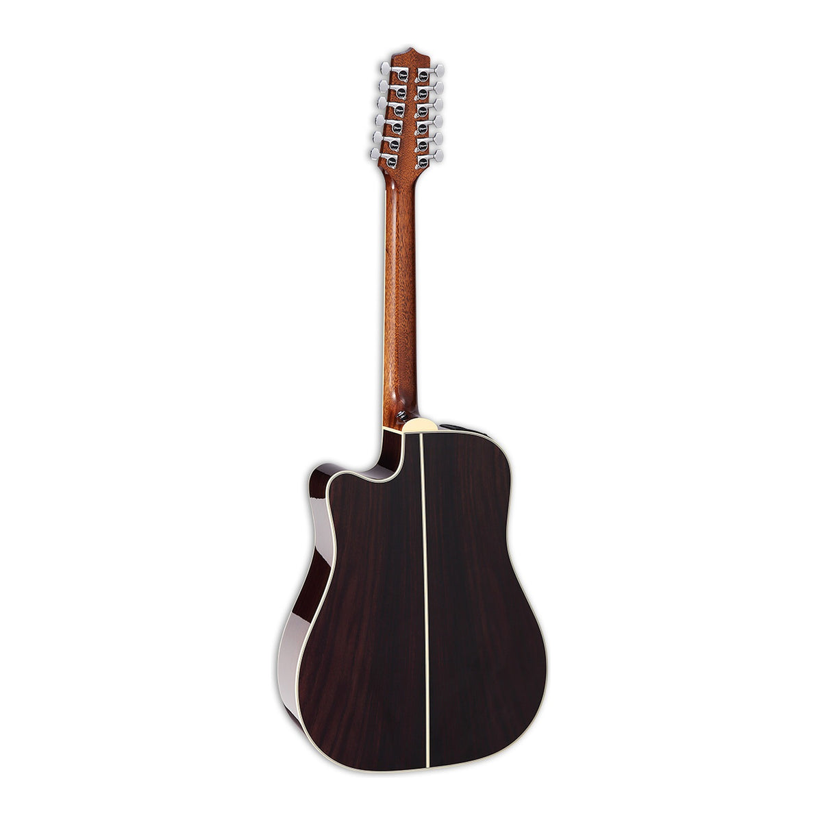Full back view of the Takamine EF400SC TT showing the mahogany neck and the solid Indian rosewood back.