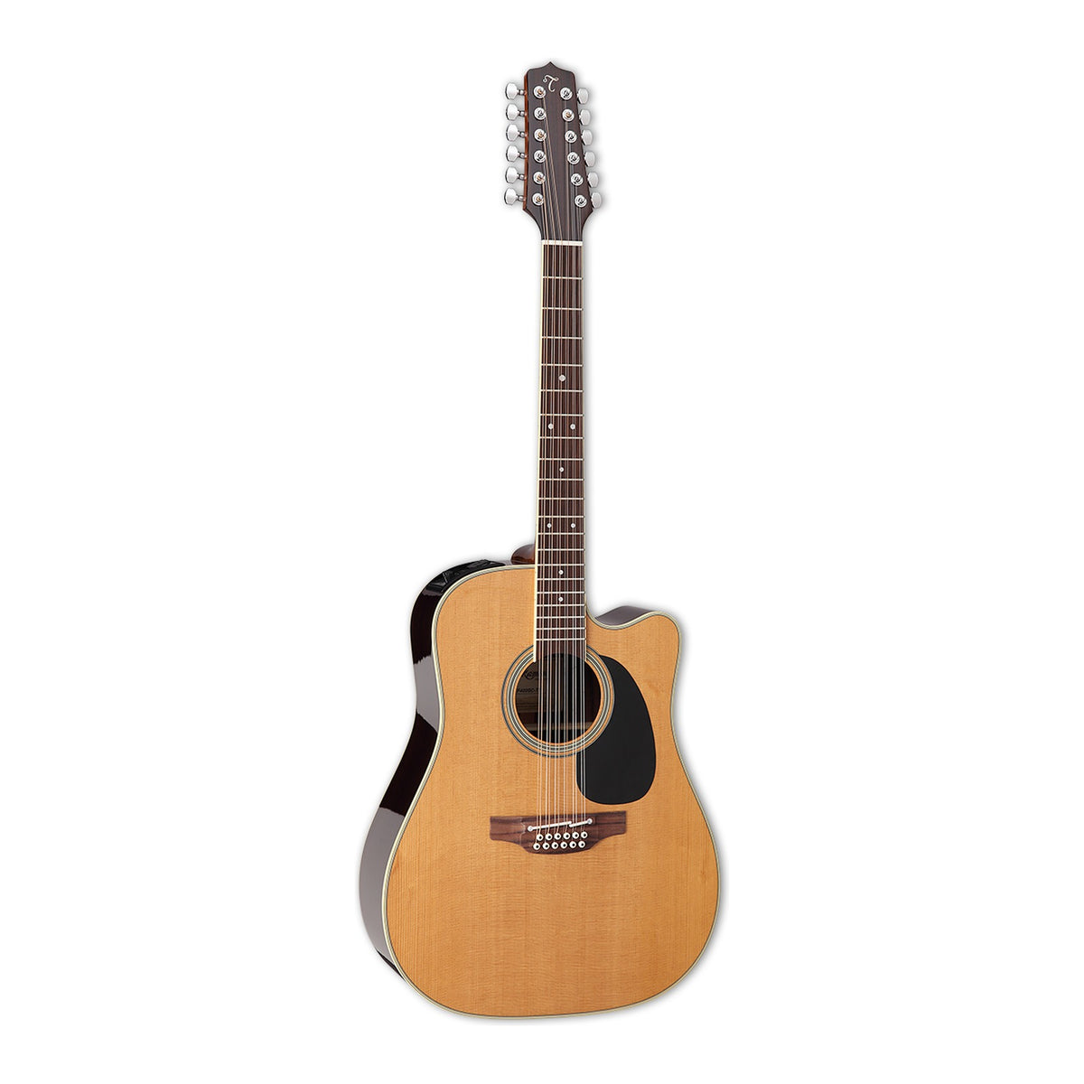 Full front view of the Takamine EF400SC TT dreadnought cutaway guitar standing upright with the headstock at the top.