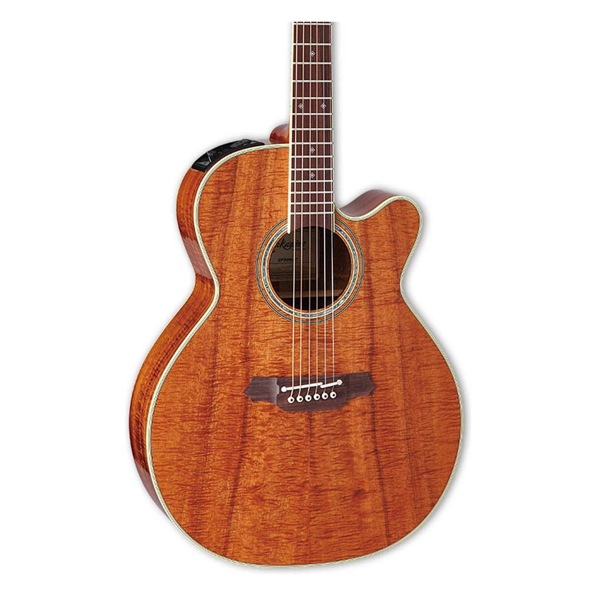 Front of the Takamine EF508KC body in a gloss natural finish: Hawaiian koa top, cutaway, soundhole rosette and the lower fretboard.
