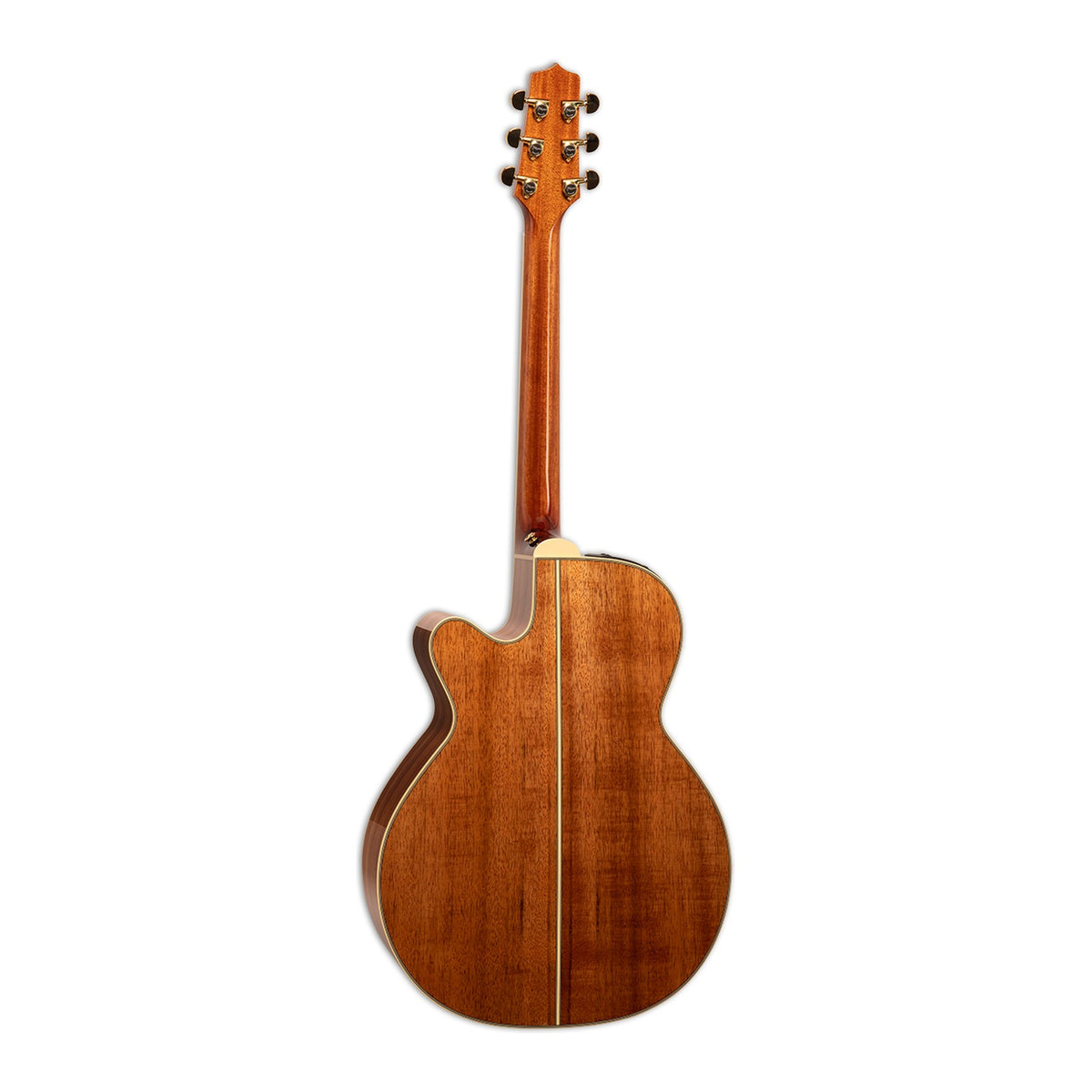 Full back view of the Takamine EF508KC showing the mahogany neck and the Hawaiian koa back.