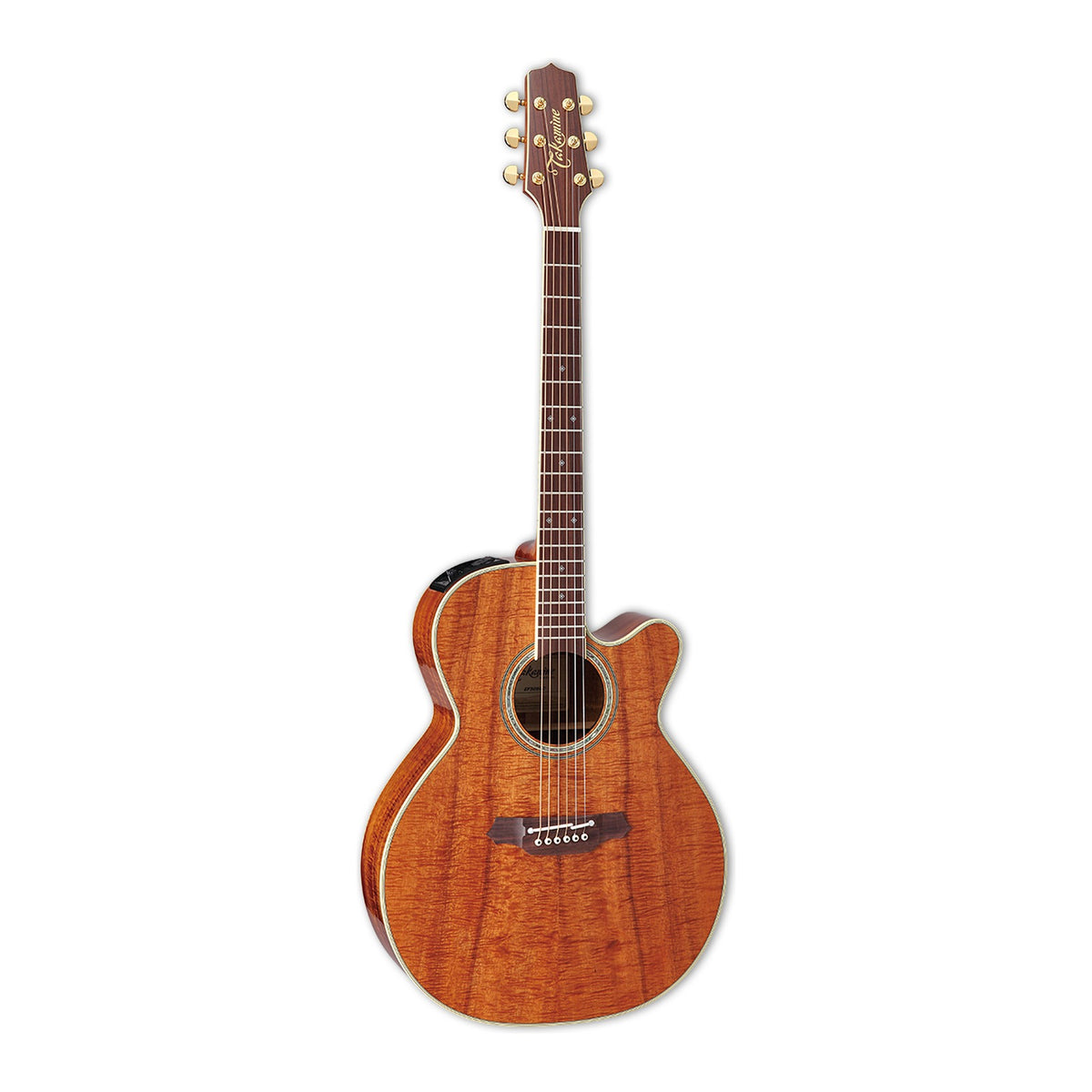 Full front view of the Takamine EF508KC NEX cutaway guitar standing upright with the headstock at the top.