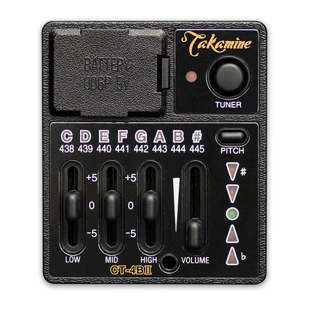 Takamine CT4B II preamp panel with a tuner button, low, mid and high EQ sliders and a volume slider.