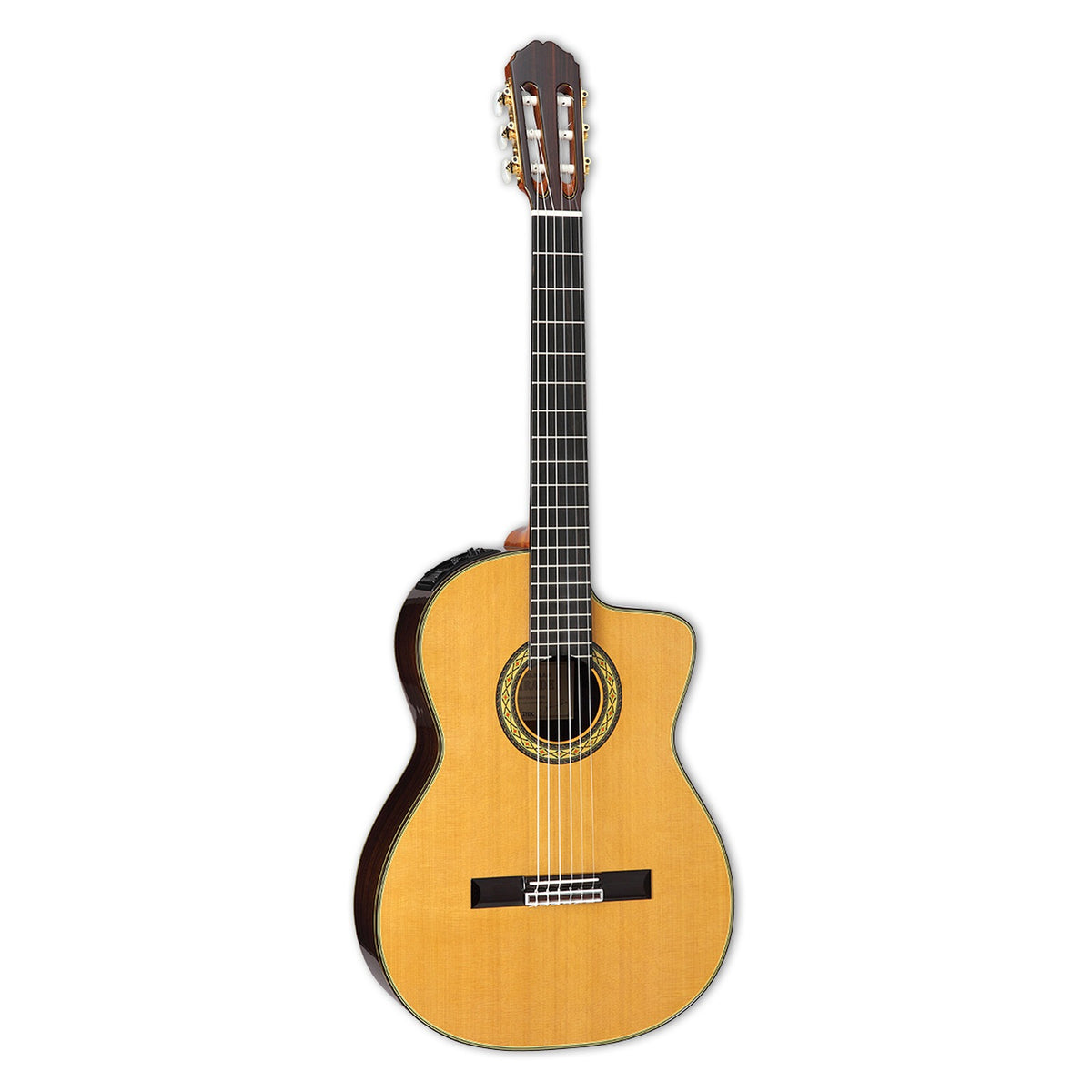 Full front view of the Takamine EH5C cutaway classical guitar standing upright, with a slotted headstock and gold tuners.