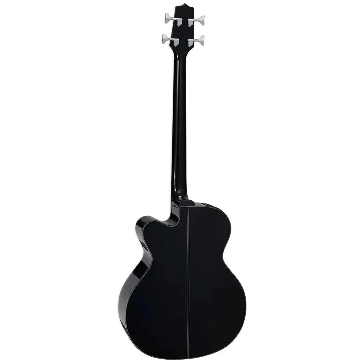 Back of a glossy black Takamine GB30CE-BLK acoustic-electric bass with a cutaway and chrome tuners.