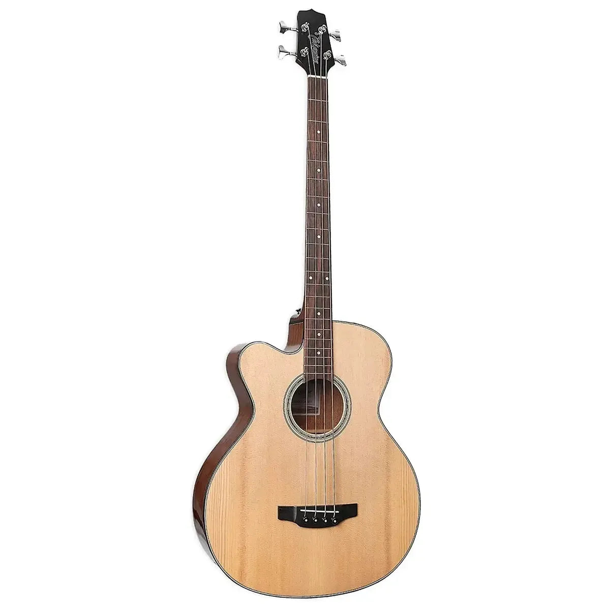 Takamine GB30CE LH NAT acoustic-electric bass with natural finish, cutaway, and abalone rosette.