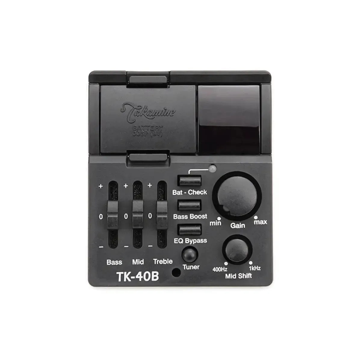 Takamine TK-40B preamp system with tuner, EQ sliders, gain, and mid shift controls.
