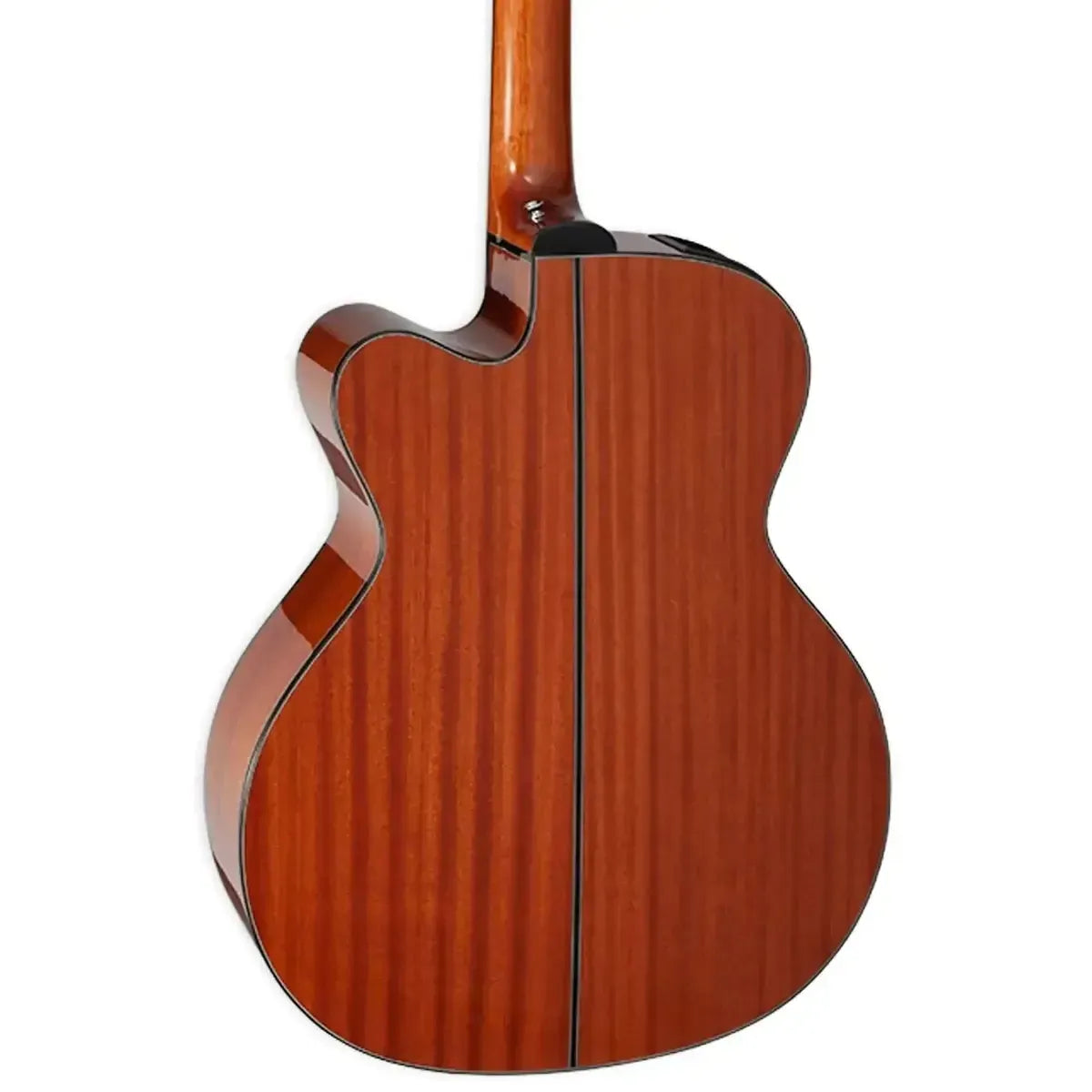 Back of a natural finish Takamine GB30CE acoustic-electric bass with mahogany back and sides, and a cutaway.