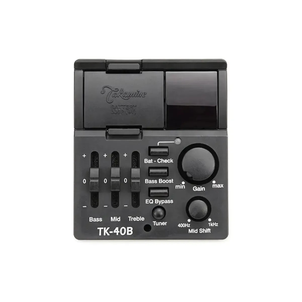 Takamine TK-40B preamp system with EQ, tuner, and gain controls for acoustic-electric bass.