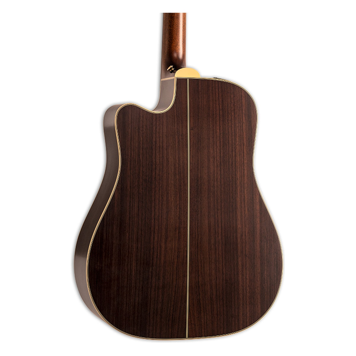 Back of the Takamine GB7C body showing the solid rosewood back and the heel of the mahogany neck.