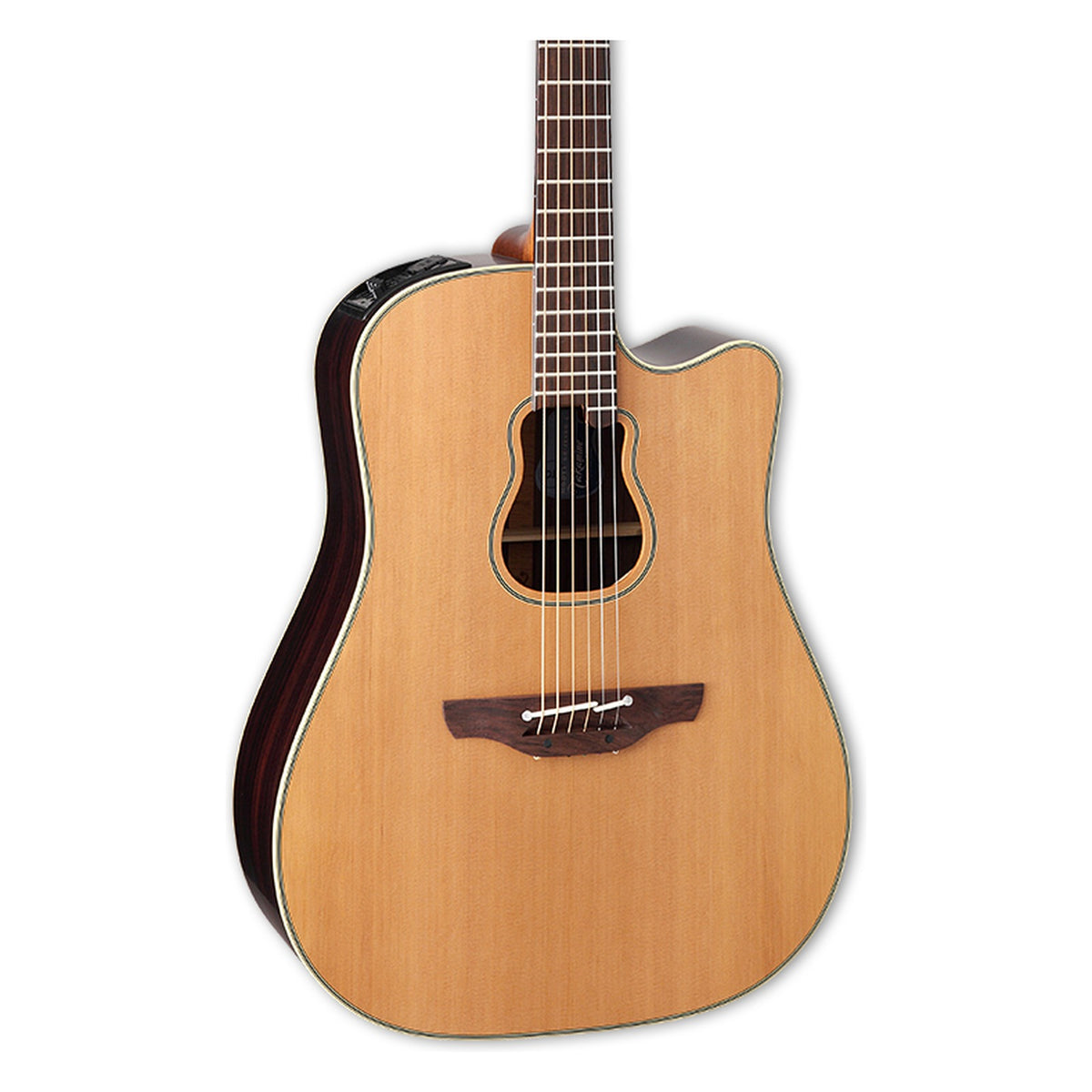 Front of the Takamine GB7C body in a natural satin finish: solid cedar top, cutaway, soundhole rosette and the lower fretboard.