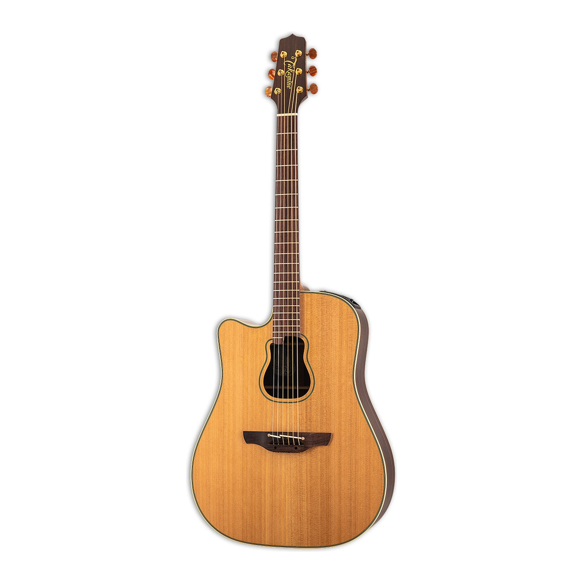 Full front view of the left-handed Takamine GB7C LH dreadnought cutaway guitar standing upright with the headstock at the top.