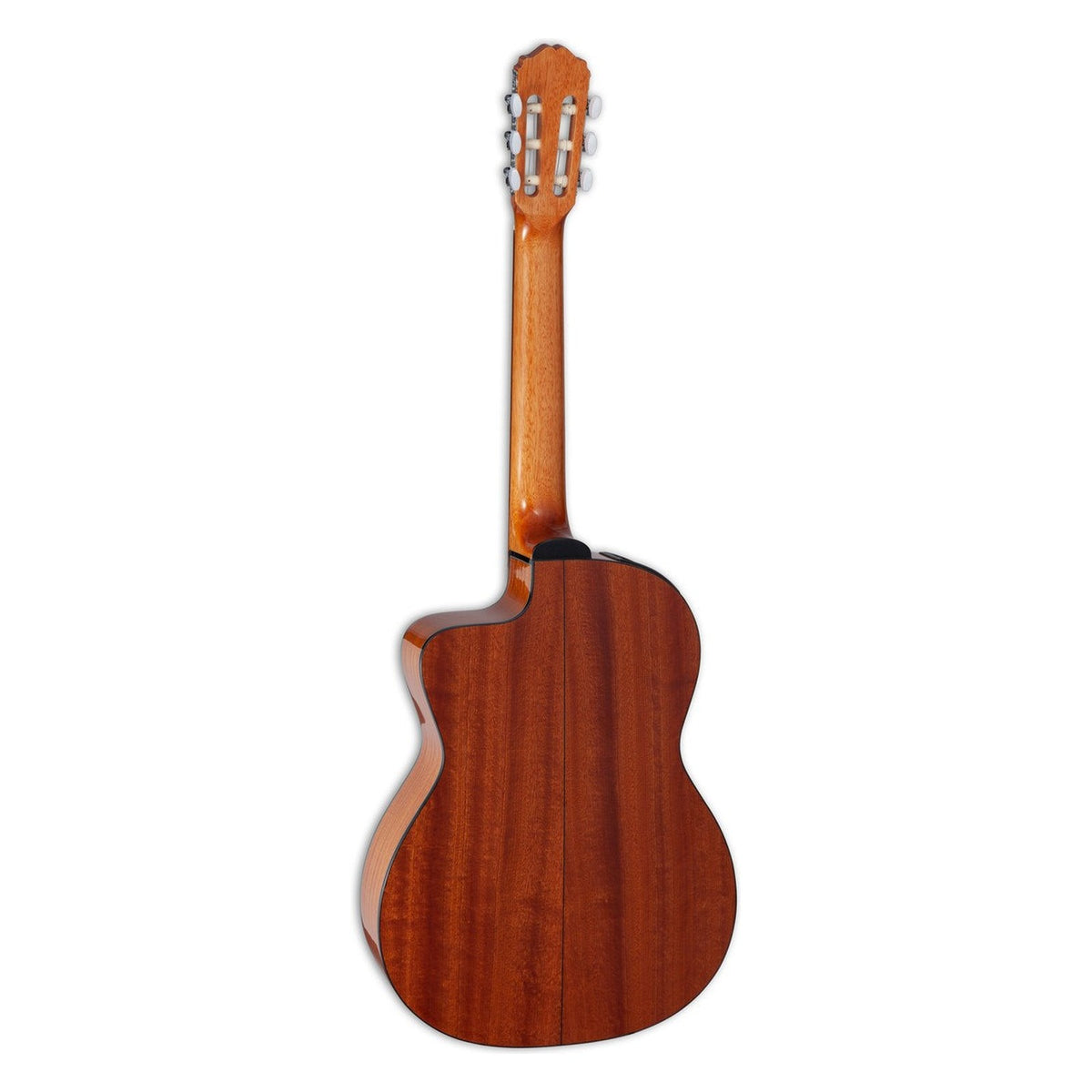 Back and neck of the Takamine GC3CE classical guitar in reddish-brown mahogany with the cutaway on the lower bout, standing upright.