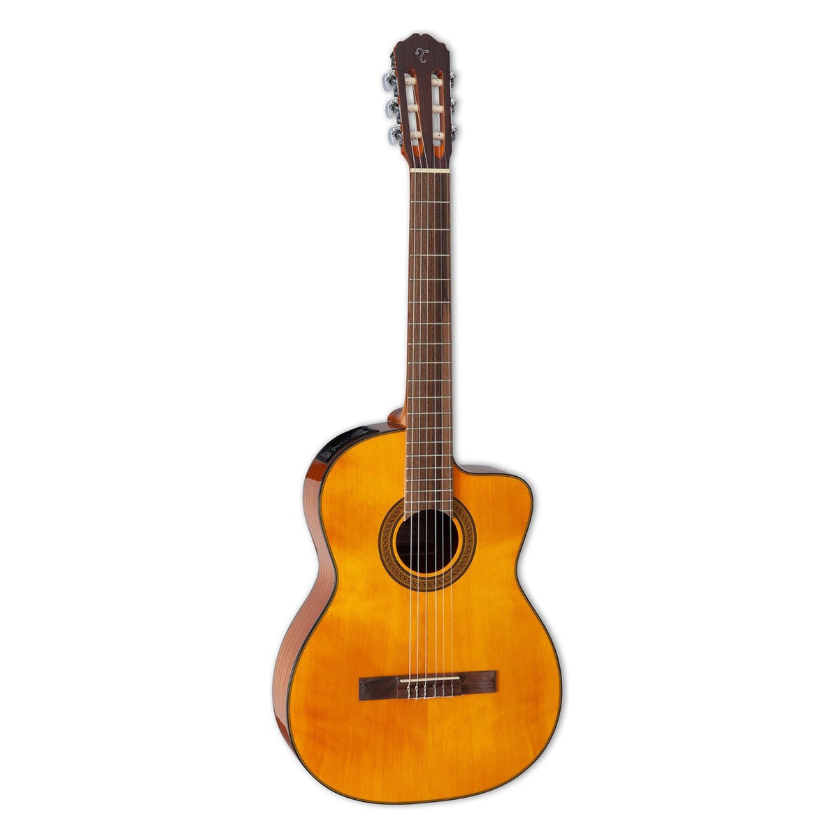 Takamine GC3CE classical cutaway acoustic-electric guitar with an amber solid cedar top and chrome tuners, standing upright.