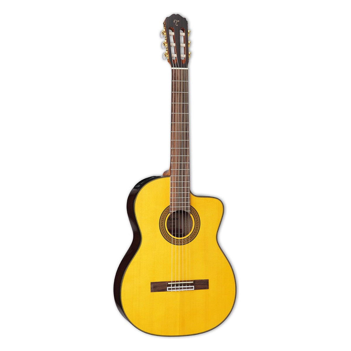 Takamine GC5CE natural classical cutaway acoustic-electric guitar with a golden solid spruce top and gold tuners, standing upright.