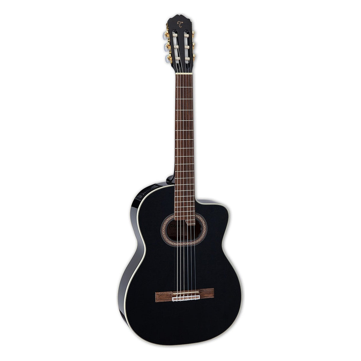Takamine GC6CE classical cutaway acoustic-electric guitar in gloss black with an oval soundhole and gold tuners, standing upright.