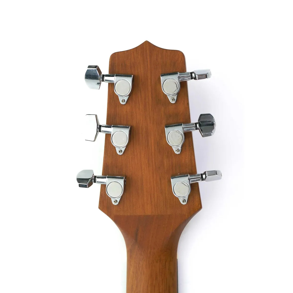 Takamine GD11M NS acoustic guitar headstock with six chrome tuning machines on a warm Sapele wood finish.