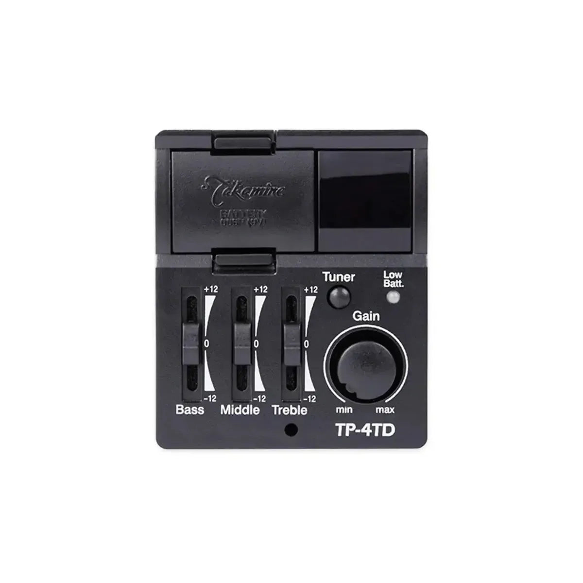 Takamine TP-4TD preamp with black controls for bass, middle, treble, tuner, gain, and low battery indicator.