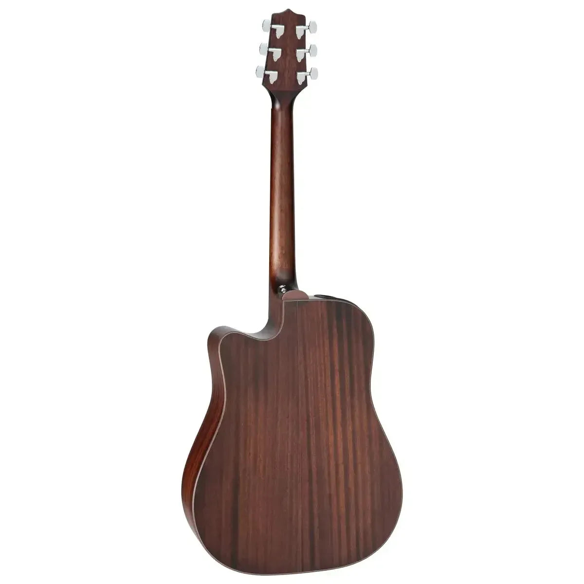 Back of a Takamine GD21CE SM dreadnought cutaway acoustic-electric guitar in satin molasses finish.