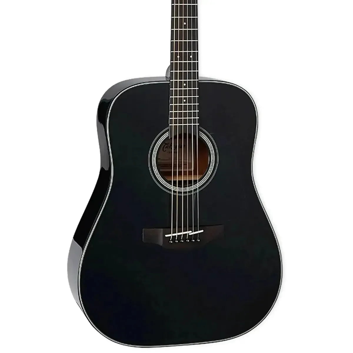 Takamine GD30 black acoustic dreadnought guitar with a solid spruce top and ovangkol bridge.