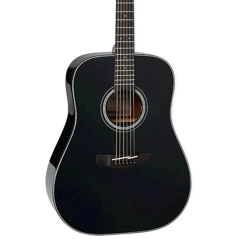 Takamine GD30 black acoustic dreadnought guitar with a solid spruce top and ovangkol bridge.