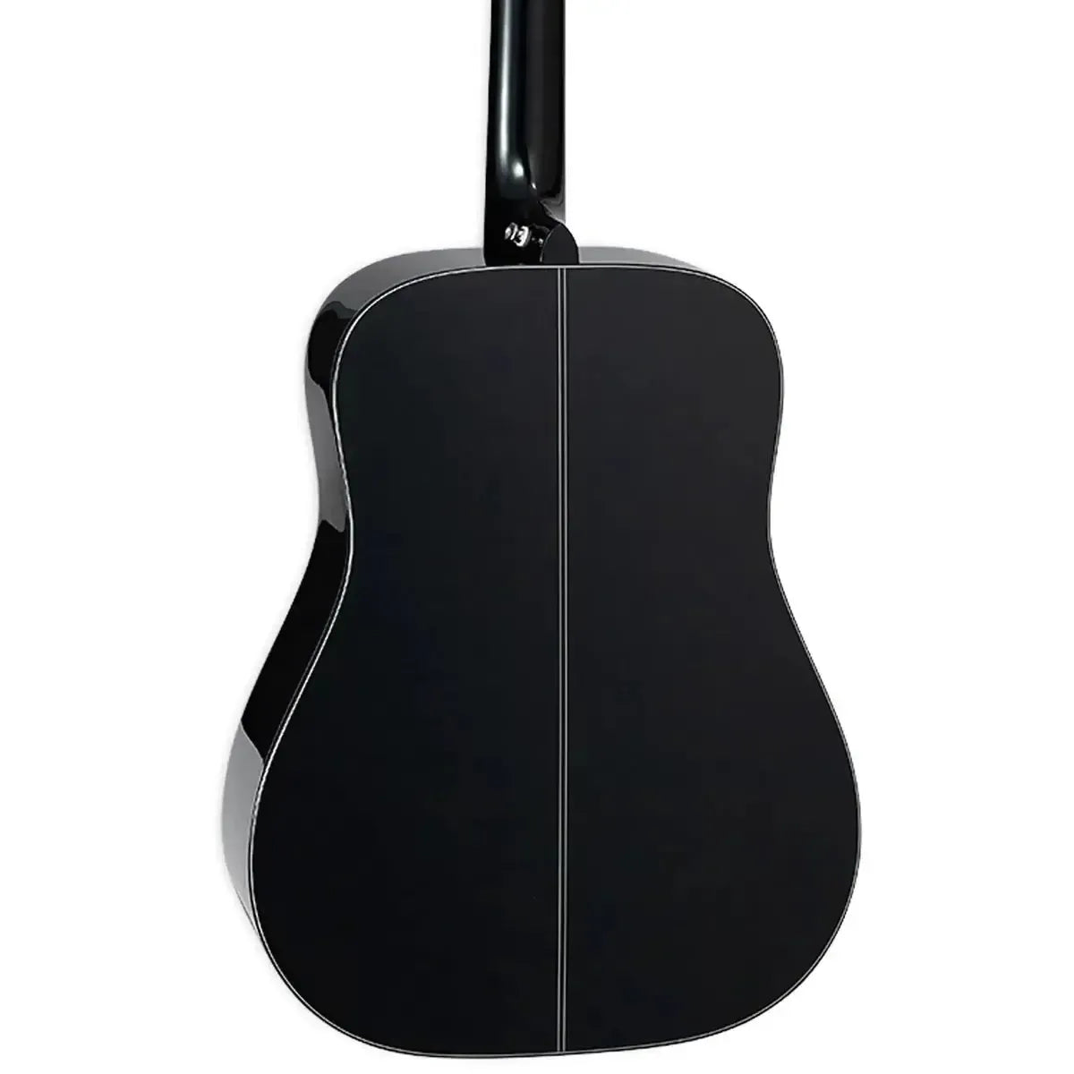 Back of a glossy black Takamine GD30 dreadnought acoustic guitar with white binding and a subtle seam.