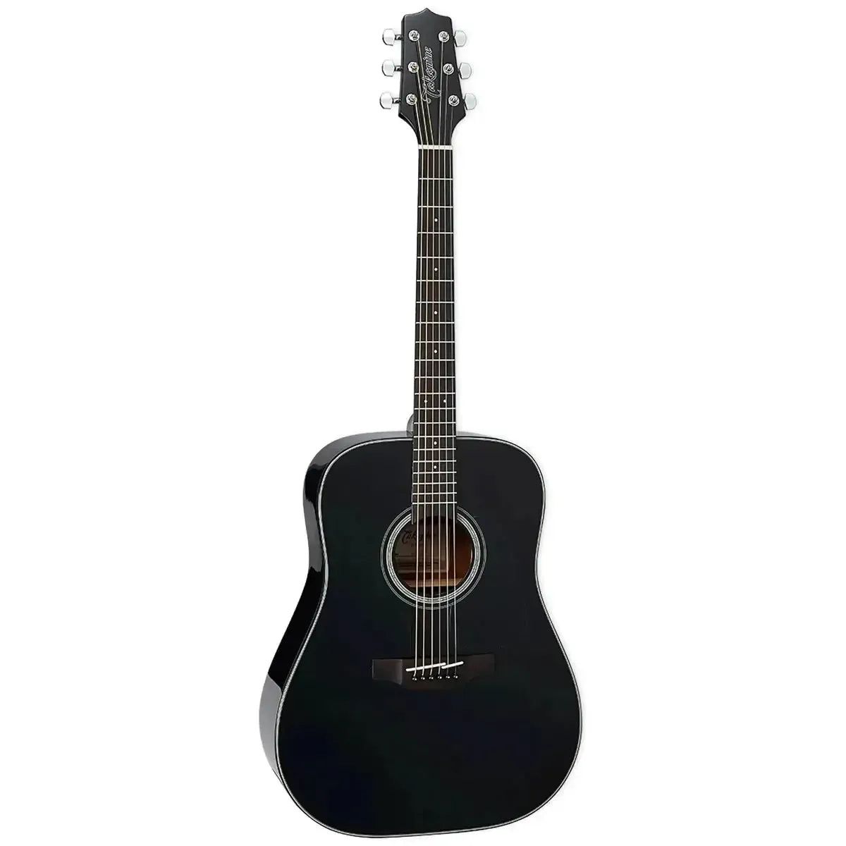Takamine GD30 black acoustic dreadnought guitar with a solid spruce top and mahogany back.