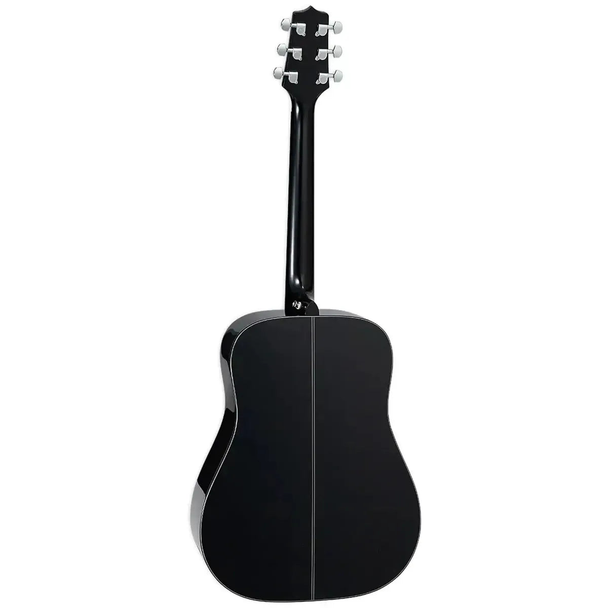 Back of a glossy black Takamine GD30 dreadnought acoustic guitar with a black neck and headstock.