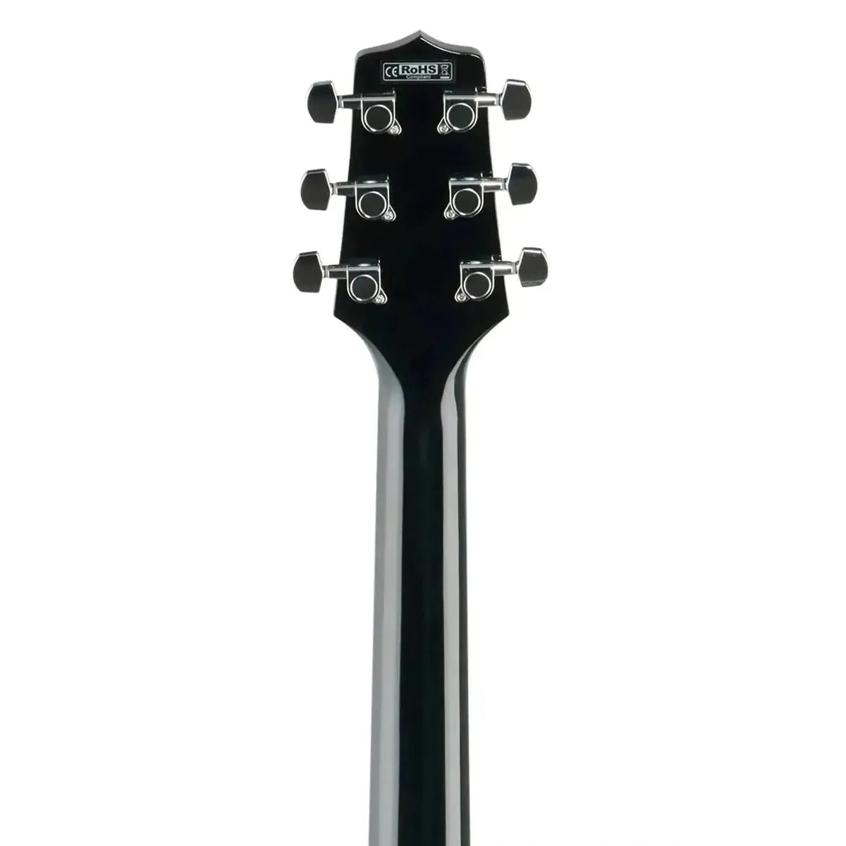 Back of a black Takamine GD30 acoustic guitar headstock and neck with six chrome tuners.