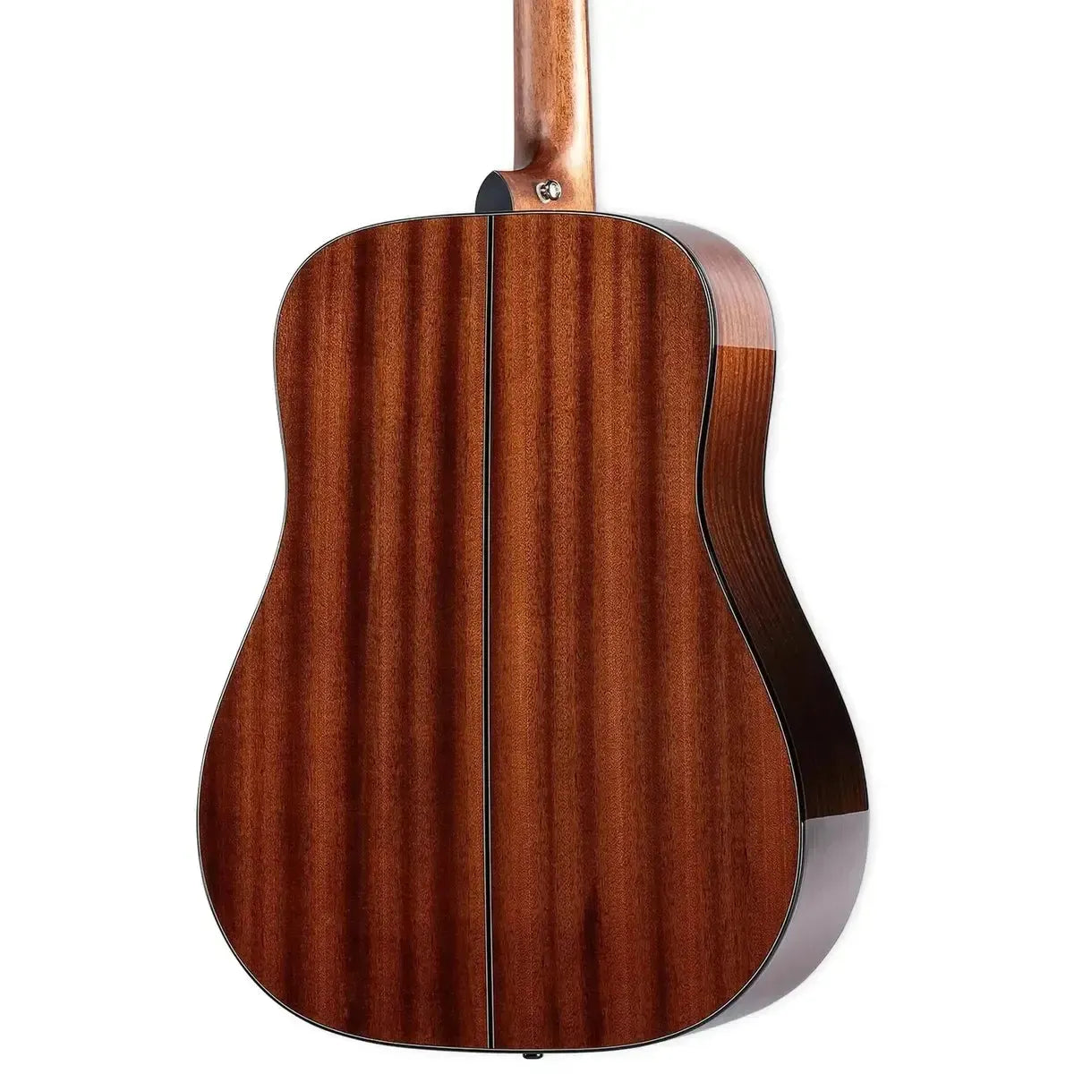 Back of a natural finish Takamine GD30-LH dreadnought acoustic guitar with mahogany back and sides.