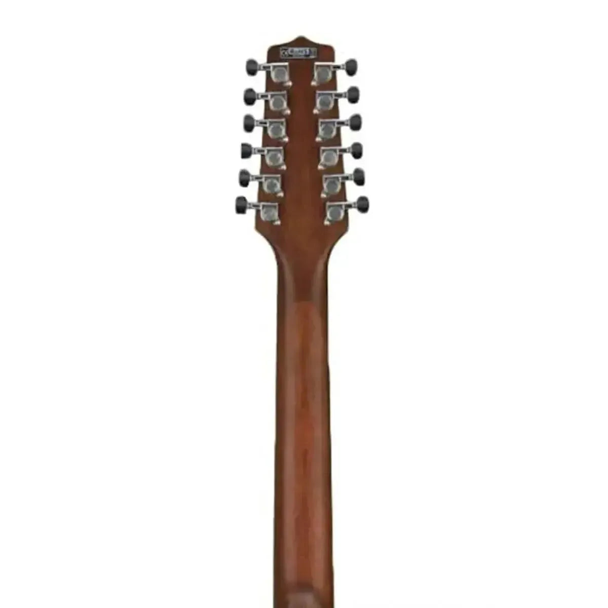 Back view of a natural wood Takamine 12-string acoustic electric guitar neck and headstock with chrome tuners.