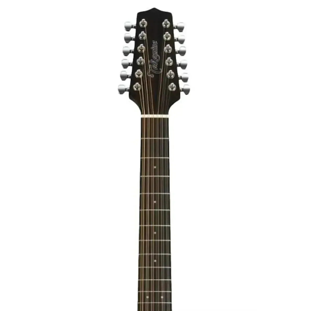 Takamine GD30CE-12 12-string natural acoustic electric guitar headstock and fretboard.