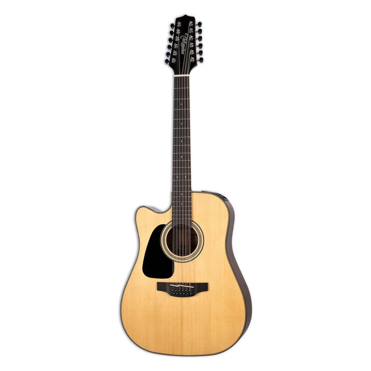 Takamine GD30CE-12 NAT left-handed 12-string dreadnought cutaway acoustic-electric guitar with a natural spruce top, standing upright.