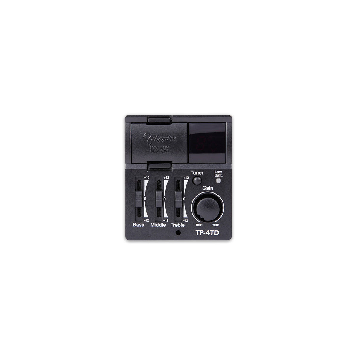 Takamine TP-4TD preamp panel with a tuner, bass, middle and treble sliders, and a gain knob.