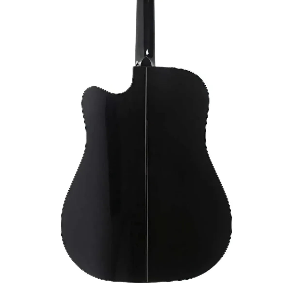 Back of a glossy black Takamine GD30CE-BLK dreadnought acoustic-electric guitar with a cutaway.