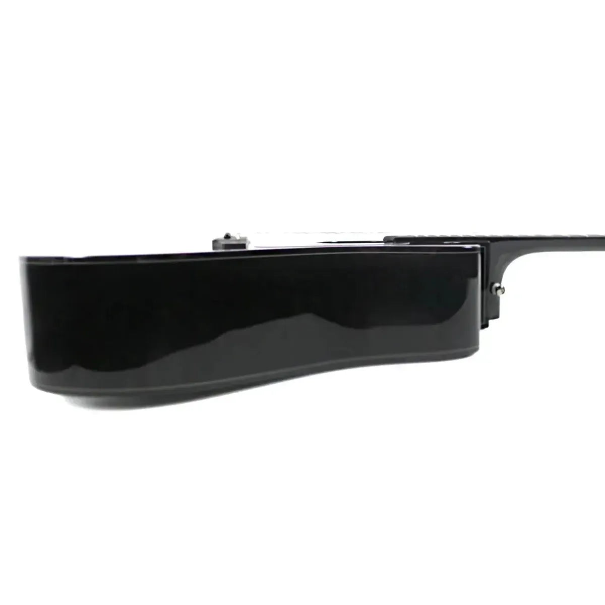 Takamine GD30CE-BLK black acoustic-electric dreadnought guitar body side view with gloss finish.