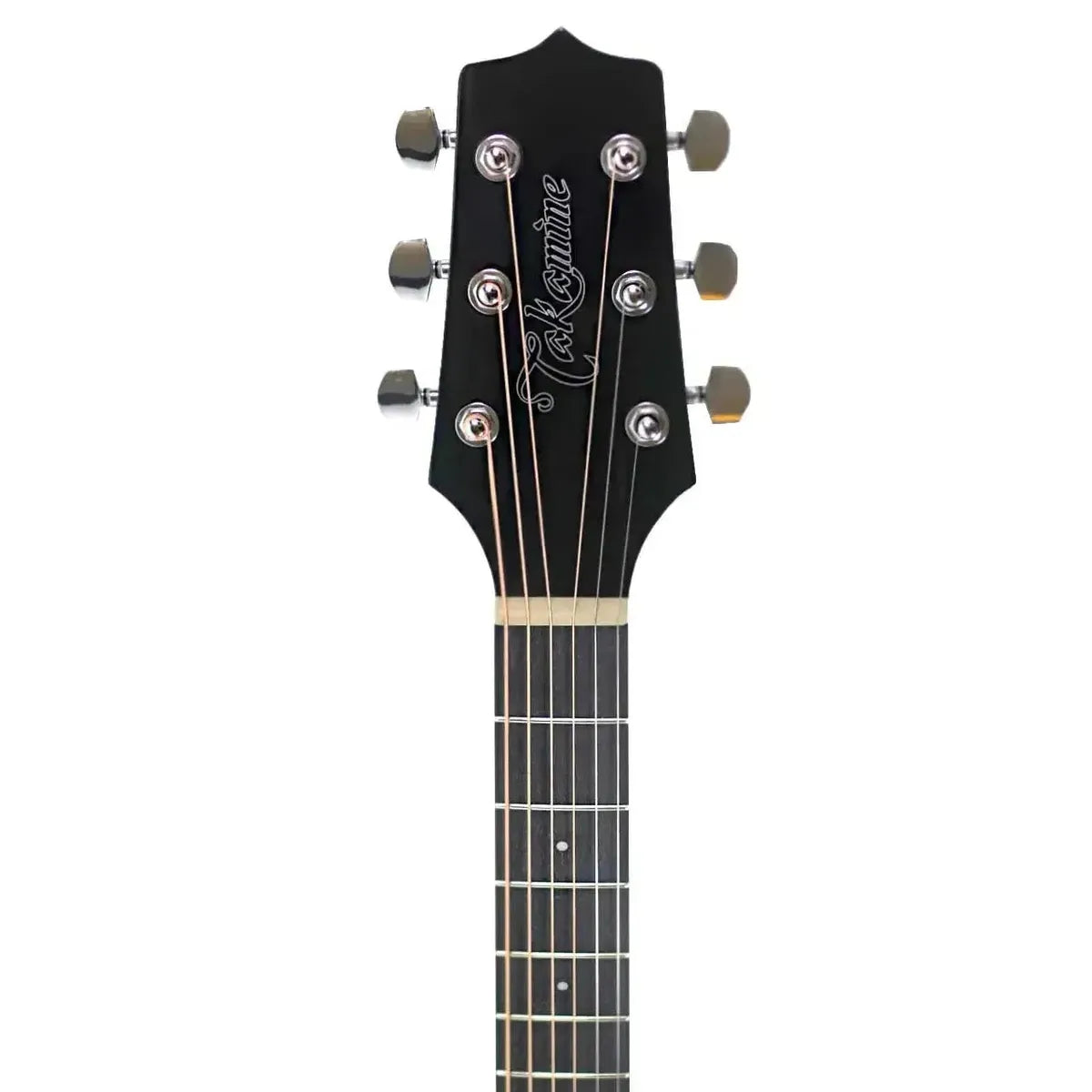 Takamine GD30CE-BLK black acoustic-electric dreadnought guitar headstock with chrome tuners and logo.